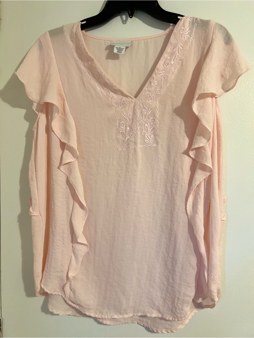 Liz Claiborne Light Pink Embroidered V-Neck Ruffle Blouse